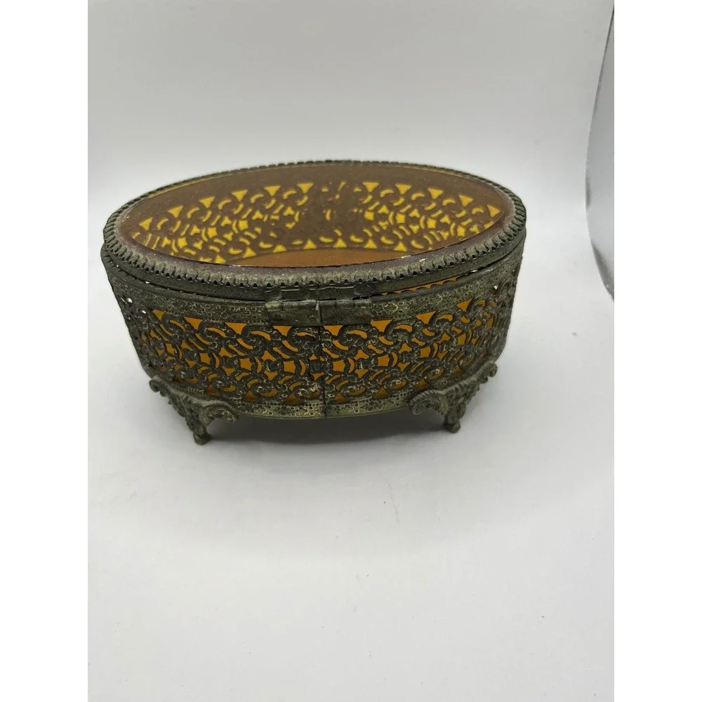 Vintage Ornate Filigree Jewelry Box Amber‎ Glass Oval Footed Trinket Casket